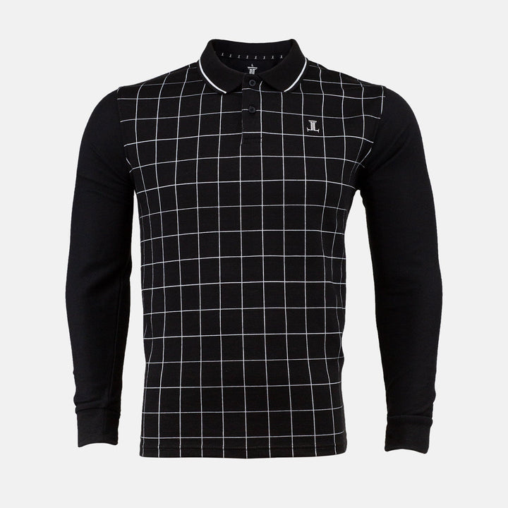 Mens winter polo shirt in black colour with full sleeves and checkhered pattern by JULKE