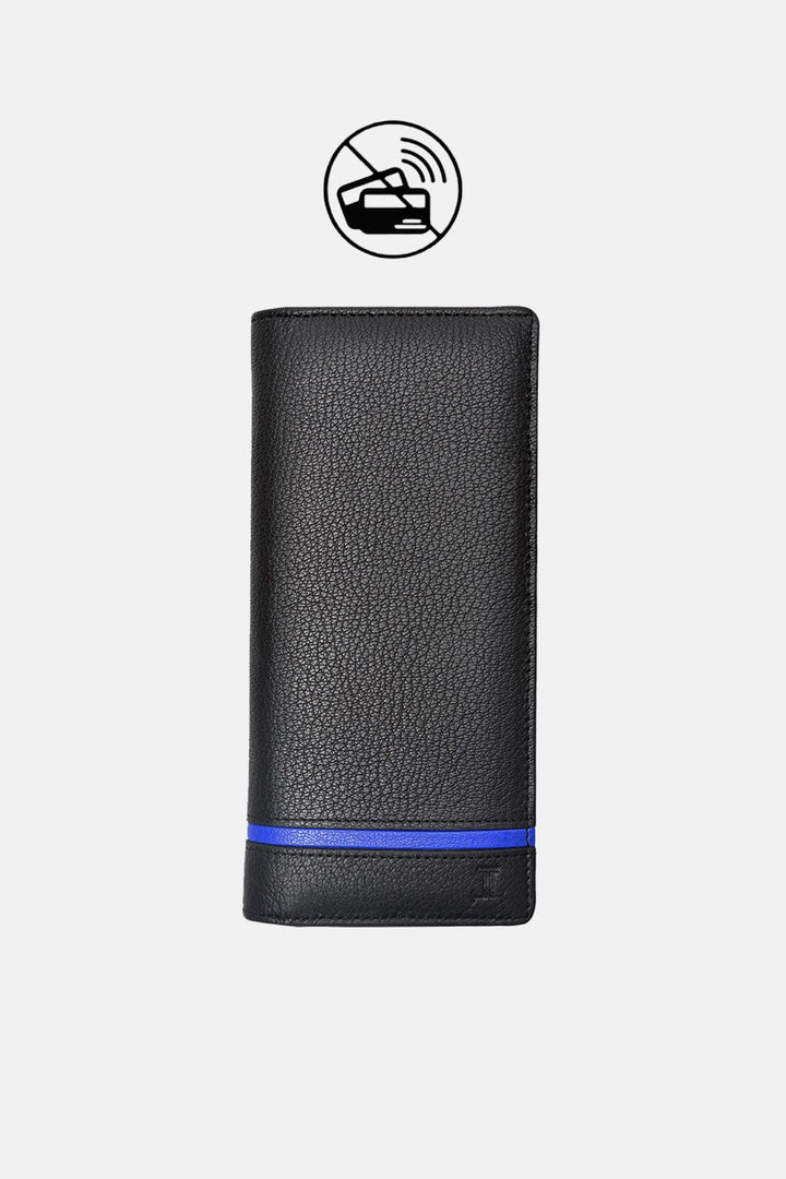 Mens original leather wallet in small size in black colour with blue strip by JULKE