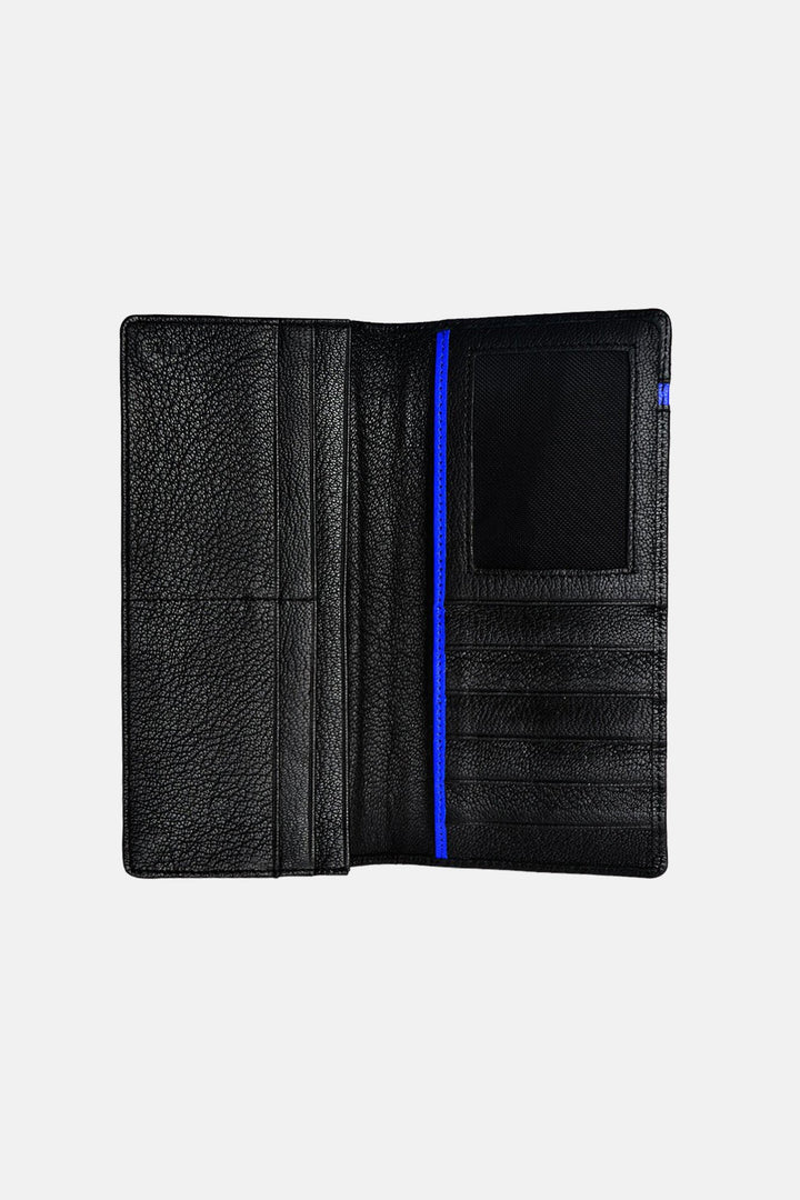 Mens original leather wallet in large size in black colour with blue strip by JULKE