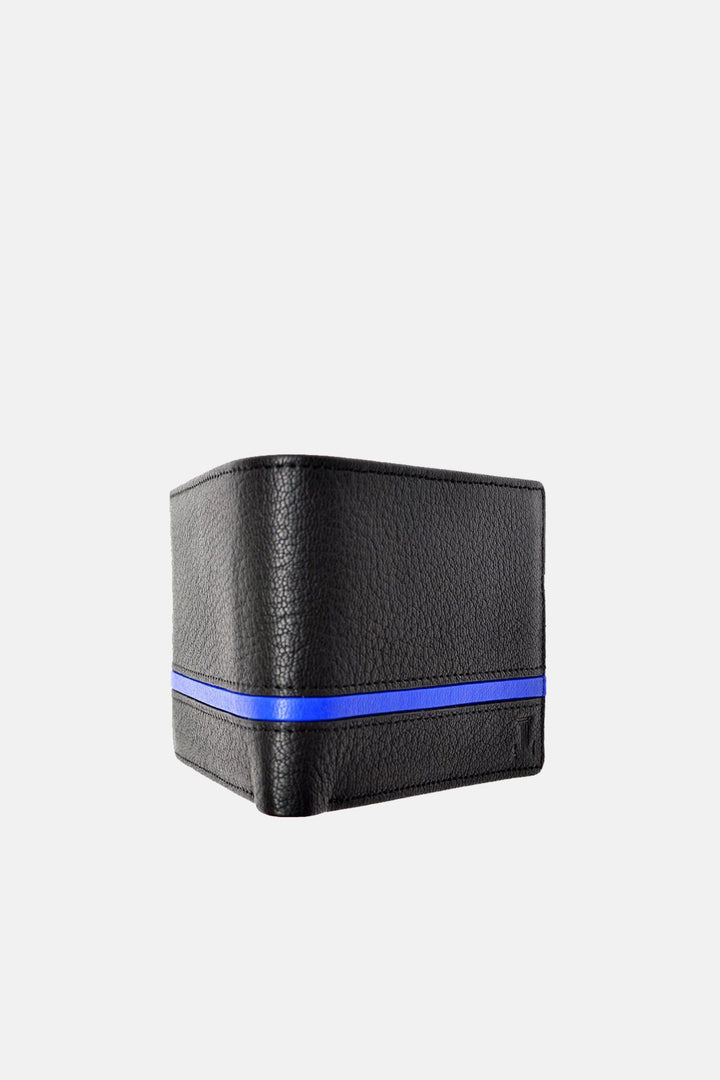 Mens original leather wallet in small size in black colour with blue strip by JULKE