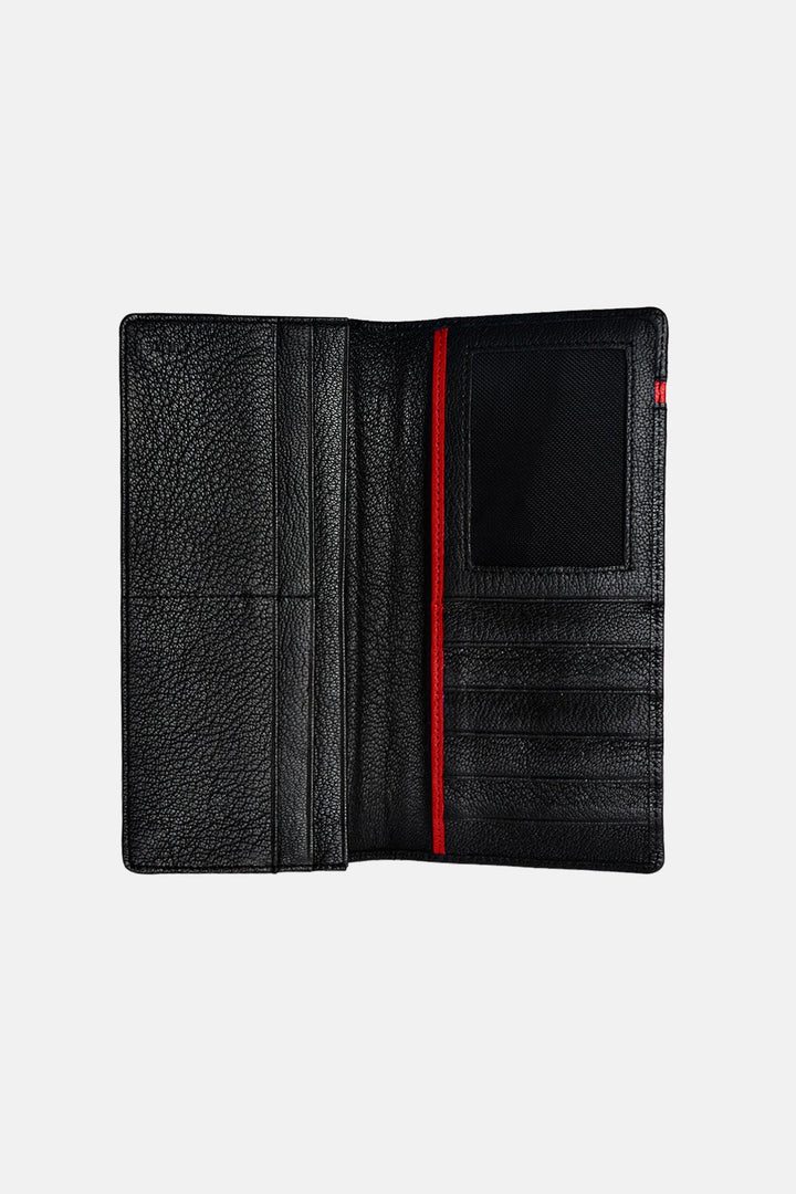 Mens original leather wallet in large size in black colour with red strip by JULKE