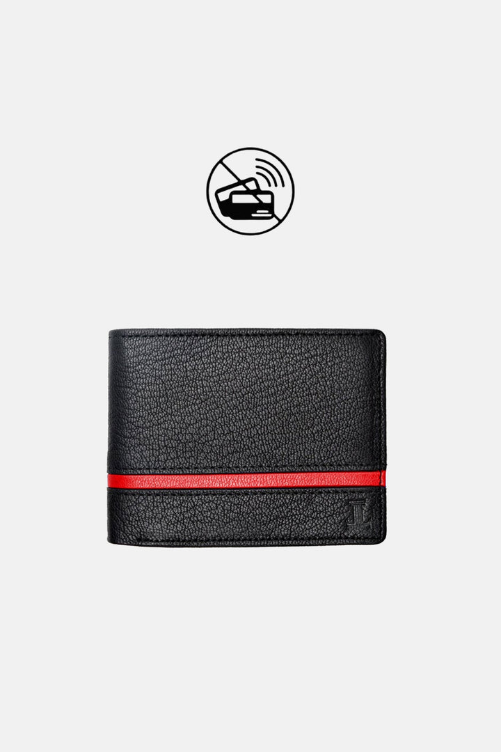 Mens original leather wallet in small size in black colour with red strip by JULKE